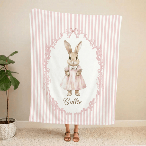 Couverture Personnalisée Bunny Floral Stripes Throw Blanket with Name Home Decor Nursery Bedding Easter Birthday Gift for Kids Newborns (en anglais)