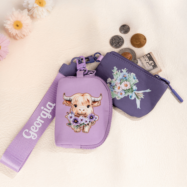 Personalised Cute Highland Cow Birth Flower Wristband Wallet with Name Mother's Day Birthday Gift for Women