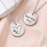 Personalised Simple Style Heart Hug Flower Carnation Coin Necklace with Text Birthday Mother's Day Gift for Mom and Grandma