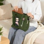 Borsa tote personalizzata con personaggio animato, fiore di nascita e nome, in velluto a coste, grande e capiente - Regalo di compleanno per donne