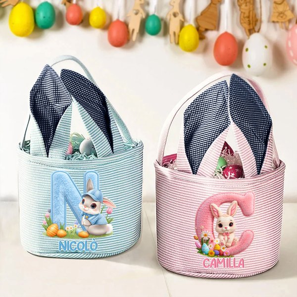 Cestino pasquale personalizzato con nome e iniziale, effetto stampa 3D simulata e orecchie di coniglio - regalo per Pasqua per bambini