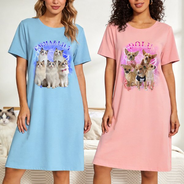 Chemise de nuit douce avec nom personnalisée Multicolore 5 photos d'animaux de compagnie à porter quotidiennement Cadeau d'anniversaire pour femme Amoureux des animaux de compagnie