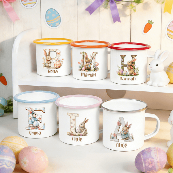 Personalized Cute Easter Egg Bunny Flower 12 oz Enamel Mug with Initial and Name Easter Party Gift for Kid
