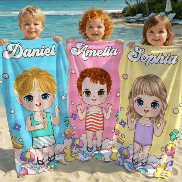 Personalized Cartoon Beach Character Quick Dry Oversized Beach Towel with Name and Drawstring Bag Summer Vacation Party Birthday Gift for Kids Family
