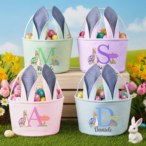 Cestino pasquale personalizzato in stile Peter Rabbit con nome e iniziali, con orecchie di coniglio a strisce - Regalo di Pasqua per bambini