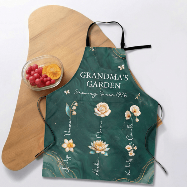 Gepersonaliseerd Geboortebloem Oma's Tuin Verstelbaar Waterdicht Schort met Naam en Jaar Moederdag Verjaardagscadeau voor Oma Mama