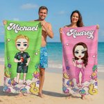 Personalized Cartoon Beach Character Quick Dry Oversized Beach Towel with Name and Drawstring Bag Summer Vacation Party Birthday Gift for Kids Family