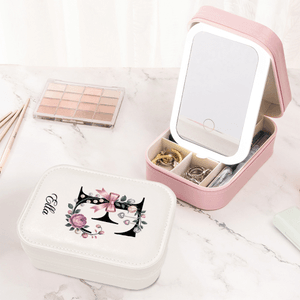 Personalised Elegant Initial Multi-Compartment Name Jewellery Box with LED Makeup Mirror Travel Accessories Birthday Gift for Mom and Grandma