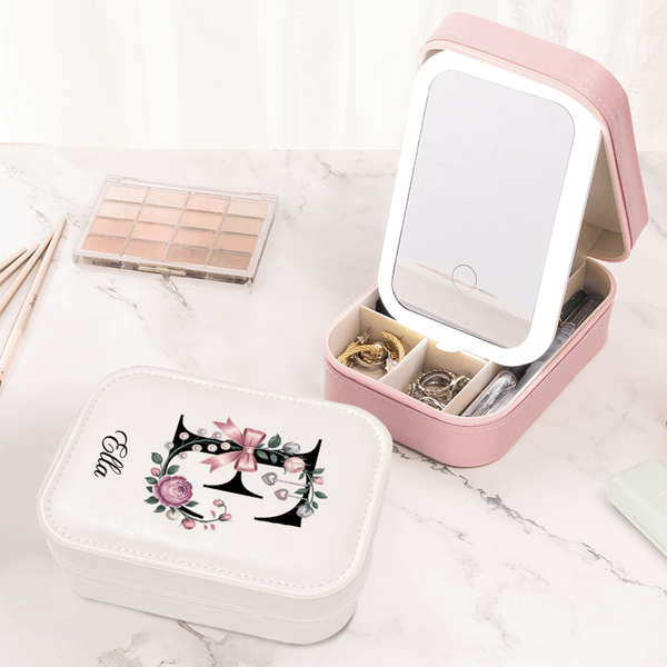 Personalised Elegant Initial Multi-Compartment Name Jewellery Box with LED Makeup Mirror Travel Accessories Birthday Gift for Mom and Grandma