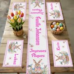 Ensemble chemin de table personnalisé avec motif lapin de Pâques et nom - Style aquarelle - Cadeau Pâques pour famille