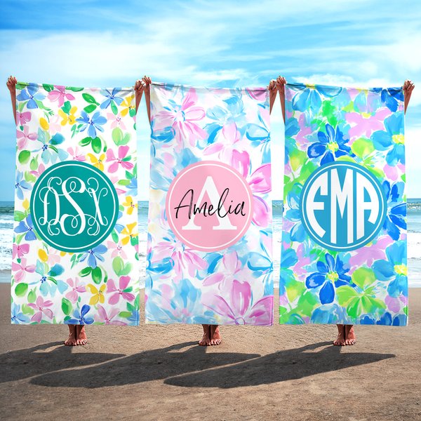 Personalised Summer Tropical Floral Monogram Design Quick Dry Oversized Beach Towel with Name Travel Essential Birthday Gift for Friends Family