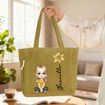Borsa tote personalizzata con personaggio animato, fiore di nascita e nome, in velluto a coste, grande e capiente - Regalo di compleanno per donne