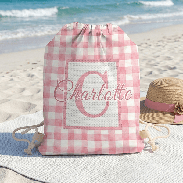 Personalized Colorful Plaid Cross Stitch Design Initial Drawstring Bag with Name Outdoor Activities Beach Party Birthday Gift for Family Friends