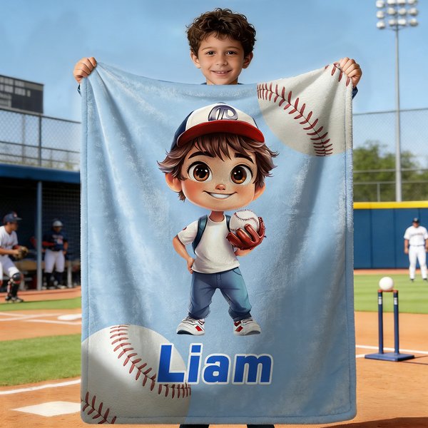 Personalisierte Cartoon Charakter Baseball weiche Decke mit Namen Wohnzimmer Dekoration Geburtstagsgeschenk für Kind Baseball-Spieler