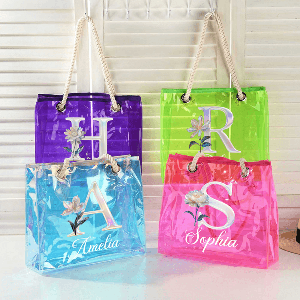 Personalized Birth Flower Holographic Clear Tote Bag with Name Beach Daily Travel Accessories Bachelorette Party Wedding Gift for Brides Women