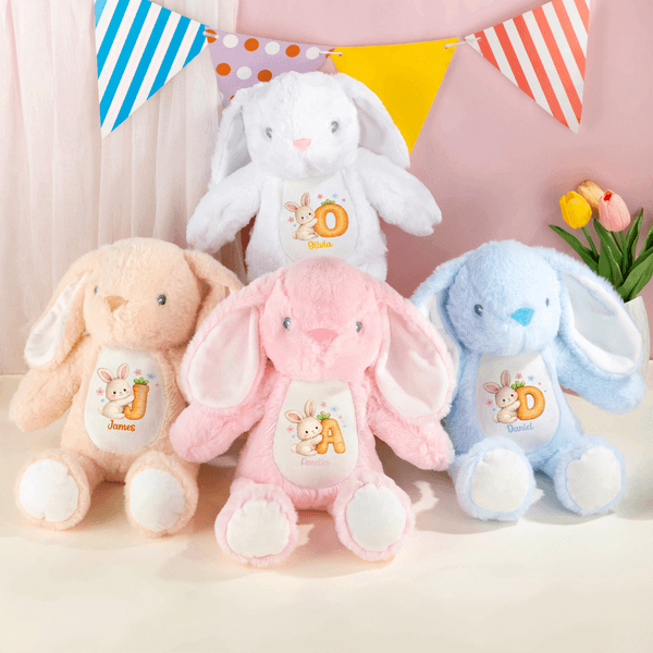 Personalised Cute Rabbit Bunny Easter Bunny Stuffed Toy with Name and Initial Easter Egg Hunt Gift for Kids Boys Girls