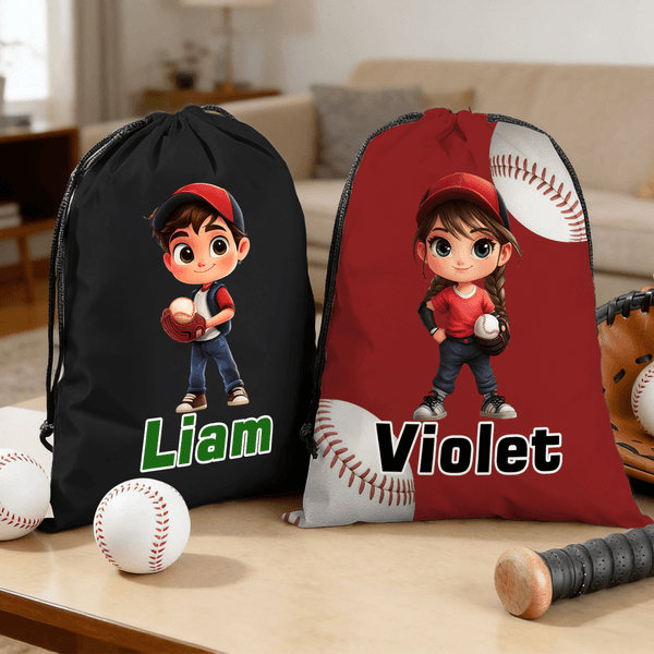 Personalized Cartoon Character Baseball Drawstring Bag with Name Birthday Game Day Gift for Kid Baseball Player