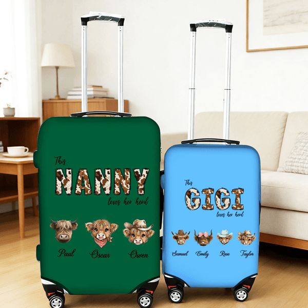 Personalised 1-8 Cute Highland Cows Luggage Protective Cover with Names Travel Essentials Birthday Gift for Travel Lover Mom Grandma