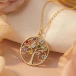 Personalised Tree of Life Design Necklace with 1-12 Birthstones Dainty Jewellery Mother's Day Birthday Gift for Mom and Grandma