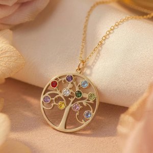 Personalised Tree of Life Design Necklace with 1-12 Birthstones Dainty Jewellery Mother's Day Birthday Gift for Mom and Grandma