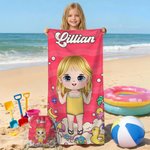 Personalized Cartoon Beach Character Quick Dry Oversized Beach Towel with Name and Drawstring Bag Summer Vacation Party Birthday Gift for Kids Family