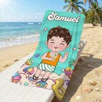 Personalized Cartoon Beach Character Quick Dry Oversized Beach Towel with Name and Drawstring Bag Summer Vacation Party Birthday Gift for Kids Family