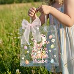 Gepersonaliseerde Transparante Cadeauzak met Roze Strik met Paaseieren en Paashaasmotief met Naam en Initiaal Paasfeestjes Cadeau voor Kinderen