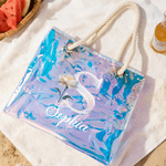 Personalised Birth Flower Holographic Clear Tote Bag with Name Beach Daily Travel Accessories Bachelorette Party Wedding Gift for Brides Women