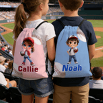 Personalized Cartoon Character Baseball Drawstring Bag with Name Birthday Game Day Gift for Kid Baseball Player