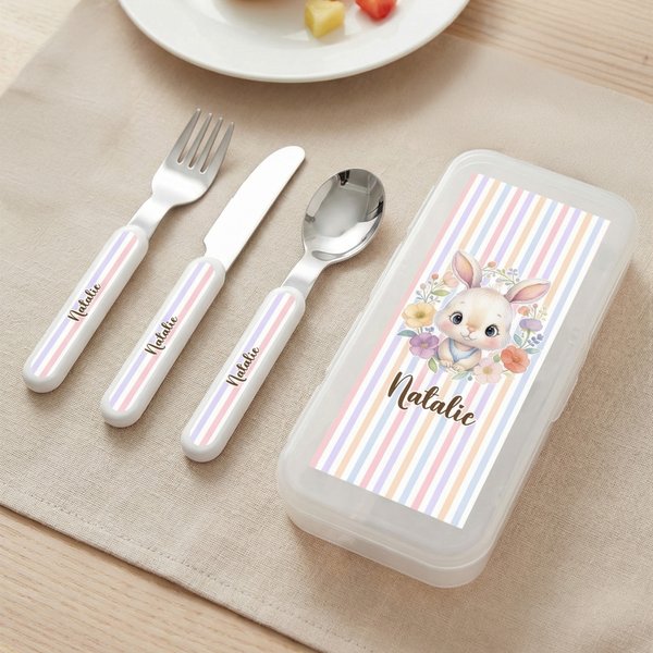 Personalized Cute Flower Animal Fork Spoon Knife 3 Pcs Cutlery Set with Name Back to School Easter Birthday Gift for Boys Girls