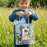 Gepersonaliseerde Transparante Cadeauzak met Roze Strik met Paaseieren en Paashaasmotief met Naam en Initiaal Paasfeestjes Cadeau voor Kinderen