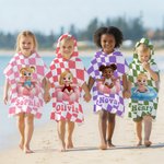 Personalized 3D Cartoon Character Swim Ring Plaid Soft Hooded Beach Towel with Name Travel Essentials Summer Vacation Birthday Gift for Boys Girls