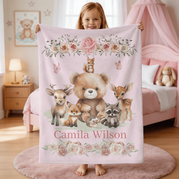 Personalised Cute Floral Jungle Animal Multicolour Soft Throw Blanket with Name Home Decor Daily Use Birthday Gift for Kids