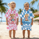 Personalized 3D Cartoon Character Swim Ring Plaid Soft Hooded Beach Towel with Name Travel Essentials Summer Vacation Birthday Gift for Boys Girls