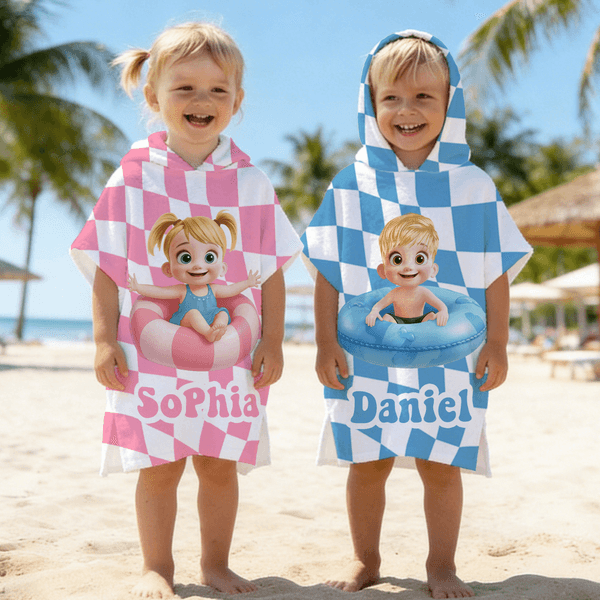 Personalized 3D Cartoon Character Swim Ring Plaid Soft Hooded Beach Towel with Name Travel Essentials Summer Vacation Birthday Gift for Boys Girls