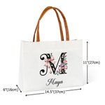 Personalized Floral Bow Initial Large Capacity Canvas Tote Bag with Name and PU Leather Handle Birthday Bridesmaid Gift for Women