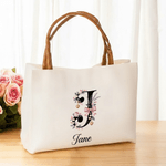 Personalized Floral Bow Initial Large Capacity Canvas Tote Bag with Name and PU Leather Handle Birthday Bridesmaid Gift for Women