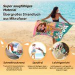 Personalisiertes Strandtuch in Übergröße mit Cartoonfigur vor tropischer Palmen-Kulisse Sommerausflug Geschenk für Familie und Freunde