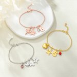Personalized Lucky Star Heart Seahorse Ballerina Pendant Bead Chain Bracelet with Birthstone Number and Engraved Name Birthday Gift for Kids Girls