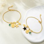 Personalized Lucky Star Heart Seahorse Ballerina Pendant Bead Chain Bracelet with Birthstone Number and Engraved Name Birthday Gift for Kids Girls