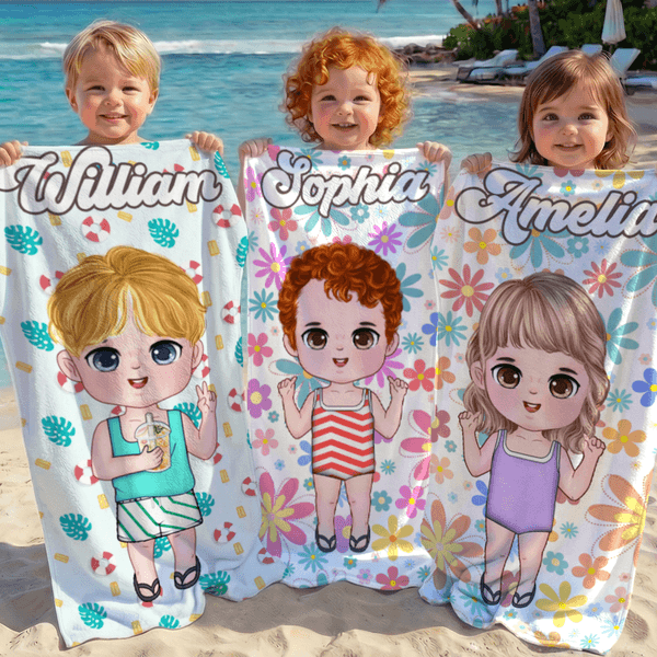 Personalised Cartoon Character Quick Dry Microfiber Beach Towel and Drawstring Bag Set with Name Summer Holiday Beach Party Gift for Family Friends