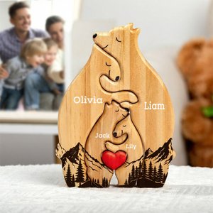 Personalised Wooden Red Heart Cute Hugging Bear Family Puzzle with 2-8 Names Desk Decor Birthday Mother's Day Gift for Mother Grandma Family
