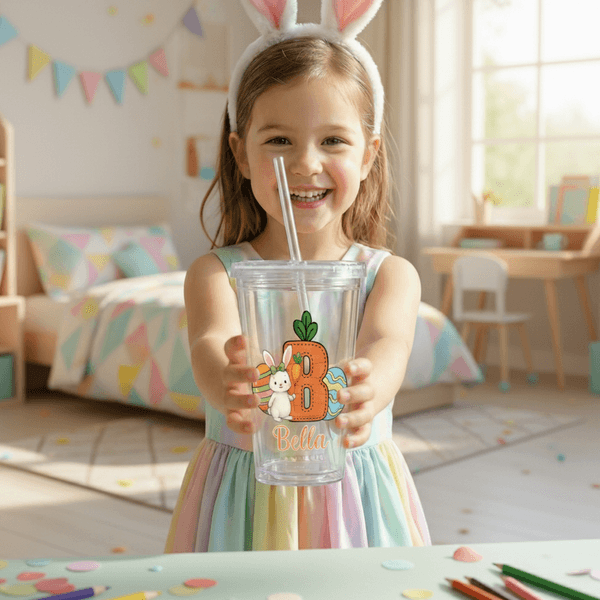 Verre en plastique transparent avec nom et initiales pour le lapin de Pâques personnalisé Cadeau d'anniversaire pour les enfants