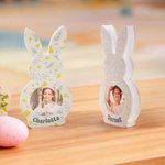Personalized Cute Bunny Flower Wave Point Acrylic Photo Frame with Photo and Name Easter Birthday Gift for Kids Boys Girls