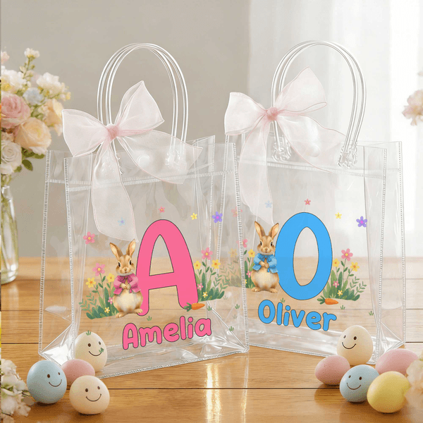 Personalized Cute Bunny Initial Easter Gift Bag with Name and Bow Easter Party Gift for Boys Girls