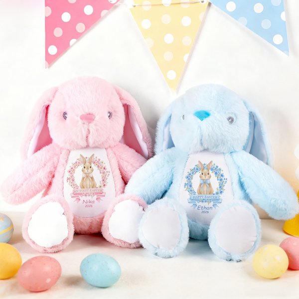Personalizzato Wreath Bow Rabbit Design peluche coniglietto di peluche con nome e anno prima Pasqua Baby Shower regalo per bambini bambini
