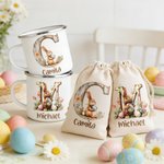 Personalized Cute Easter Egg Bunny Flower 12 oz Enamel Mug with Initial and Name Easter Party Gift for Kid
