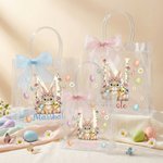 Personalized Pink Bow Ribbon Colorful Easter Eggs Rabbit Chicks Clear Gift Bag with Name and Initial Easter Party Favors Gift for Kids