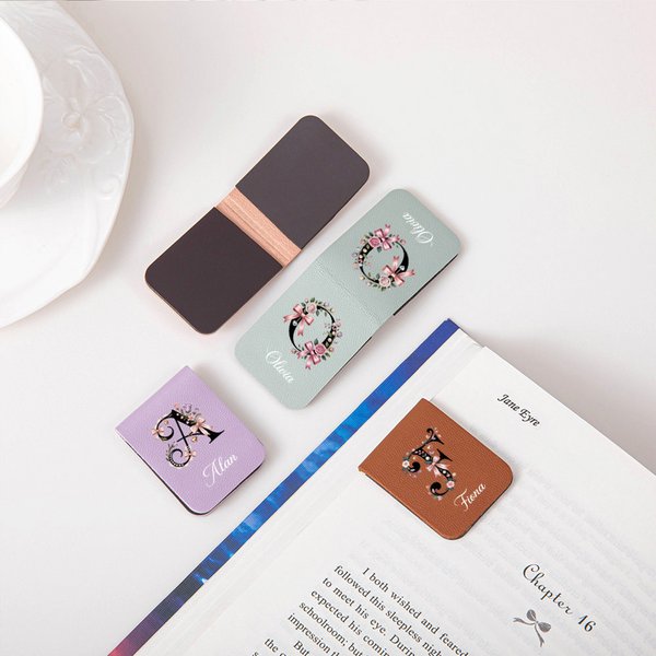 Personalized Flower Pink Bow Magnetic PU Leather Bookmark Clip with Name Reading Accessories Birthday Gift for Book Lovers