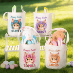 Personalized Cute Leopard Print Easter Bunny Design Reusable Easter Basket with Name and Bunny Ears Eggs Hunting Happy Easter Gift for Kids